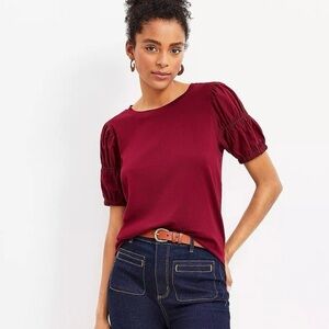 NWT Ann Taylor Loft Mixed Media Burgundy Smocked Puff Sleeve Sz L
